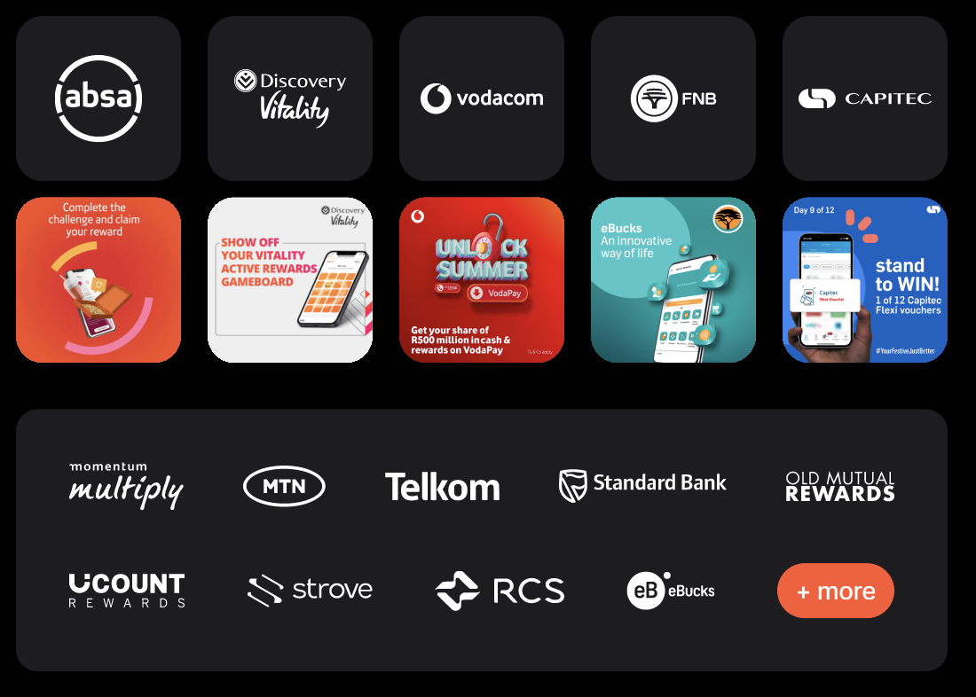 Reward issuer logos and campaign tiles on the Yoyo network, including Absa, Discovery Vitality, Vodacom, FNB, Capitec, Momentum Multiply, MTN, Telkom, Standard Bank and Old Mutual Rewards
